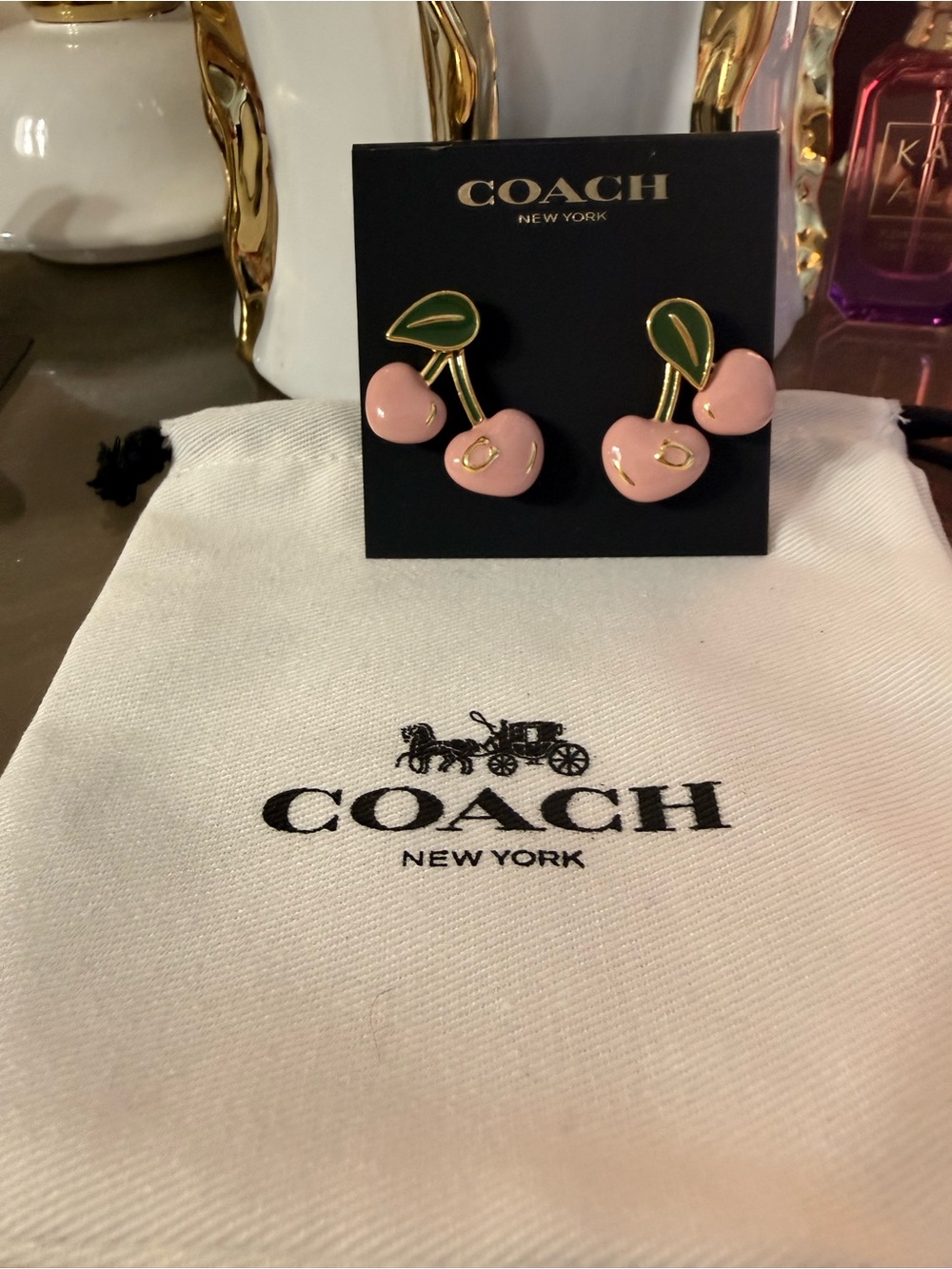 Coach Pink Enamel Cherry Earrings with Movable Leaves - Picture 2 of 4